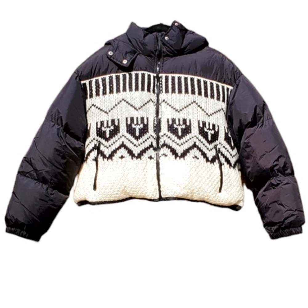 Cider Aztec Knit Puffer Zipup Hooded Coat‎ Jacket Pockets Women XL NWT